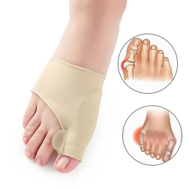 Corrective bunion relief socks with silicone gel toe separator in small, medium, and large sizes.