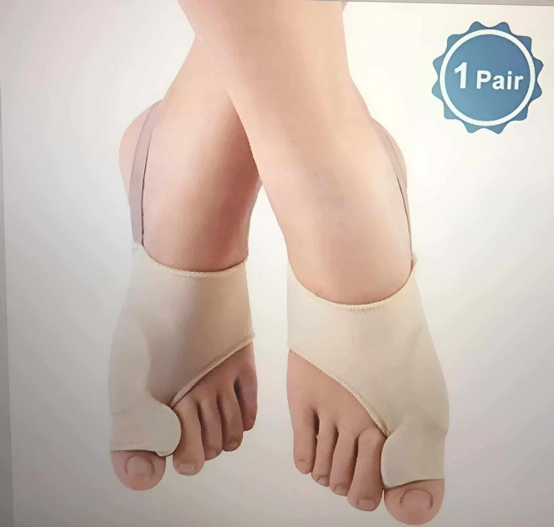 Corrective bunion relief socks with silicone gel toe separator in small, medium, and large sizes.