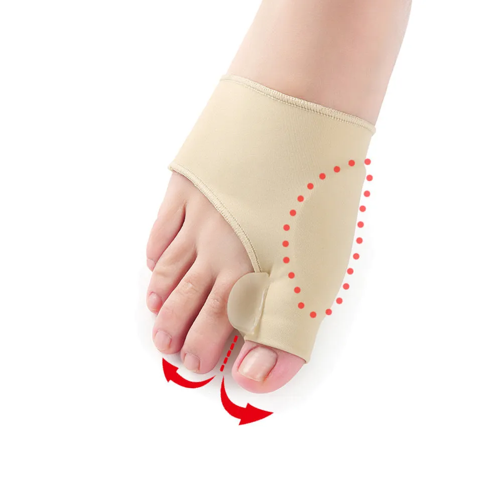 Corrective bunion relief socks with silicone gel toe separator in small, medium, and large sizes.