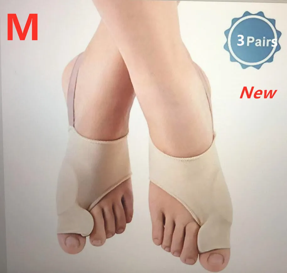 Corrective bunion relief socks with silicone gel toe separator in small, medium, and large sizes.