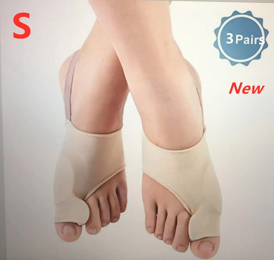 Corrective bunion relief socks with silicone gel toe separator in small, medium, and large sizes.