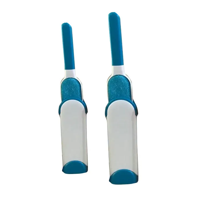 Blue reusable pet hair removal comb with double-sided sticky brush next to its self-cleaning base.