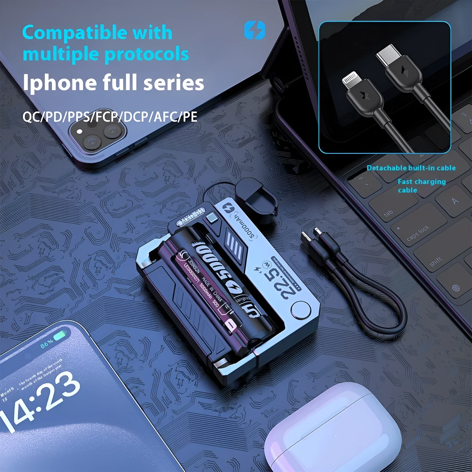Cartridge replacement power bank with ABS shell and TYPE-C plug in Mecha Gray showing modular battery slots