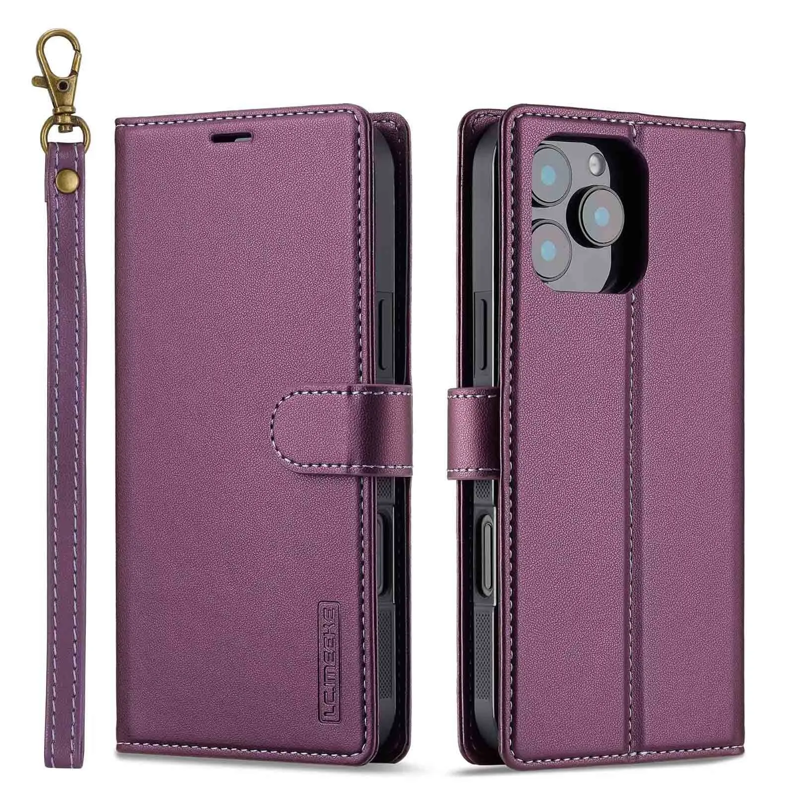 Black 2-in-1 flip phone case with card slot and lanyard for iPhone