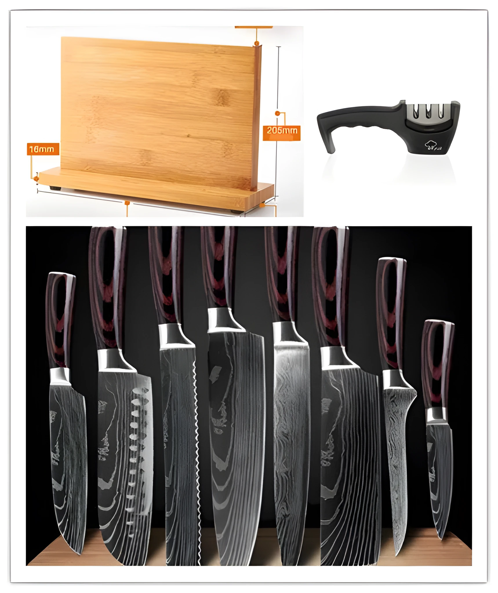 Eight-piece kitchen knife set with 4cr13mov steel blades and mixed wood and black handles arranged on a counter