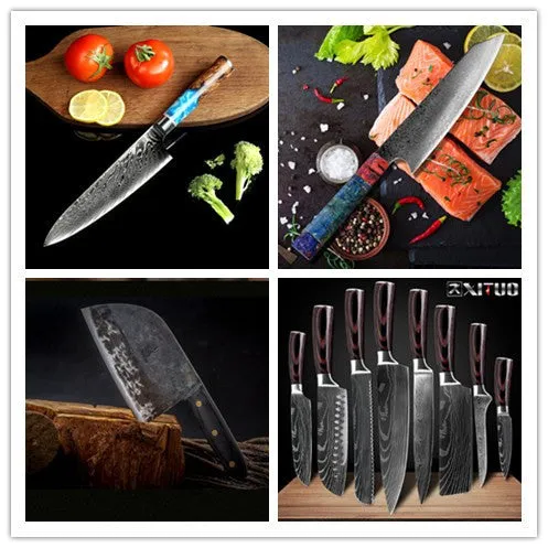 Eight-piece kitchen knife set with 4cr13mov steel blades and mixed wood and black handles arranged on a counter