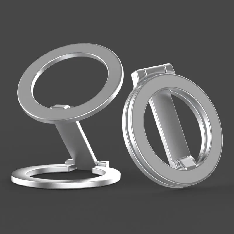 Full metal fastened ring desktop stand in black holding a tablet on a desk