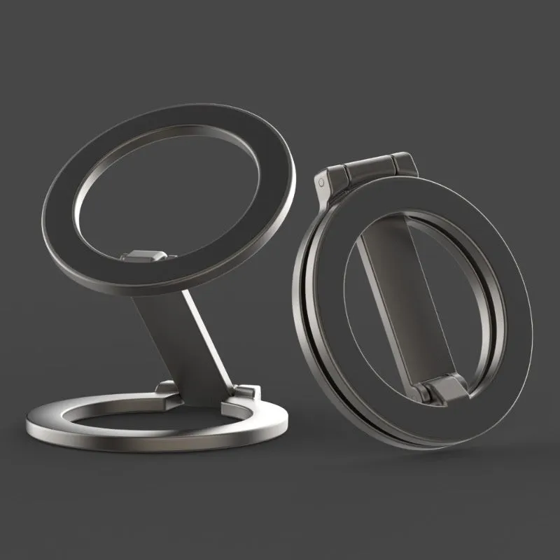 Full metal fastened ring desktop stand in black holding a tablet on a desk