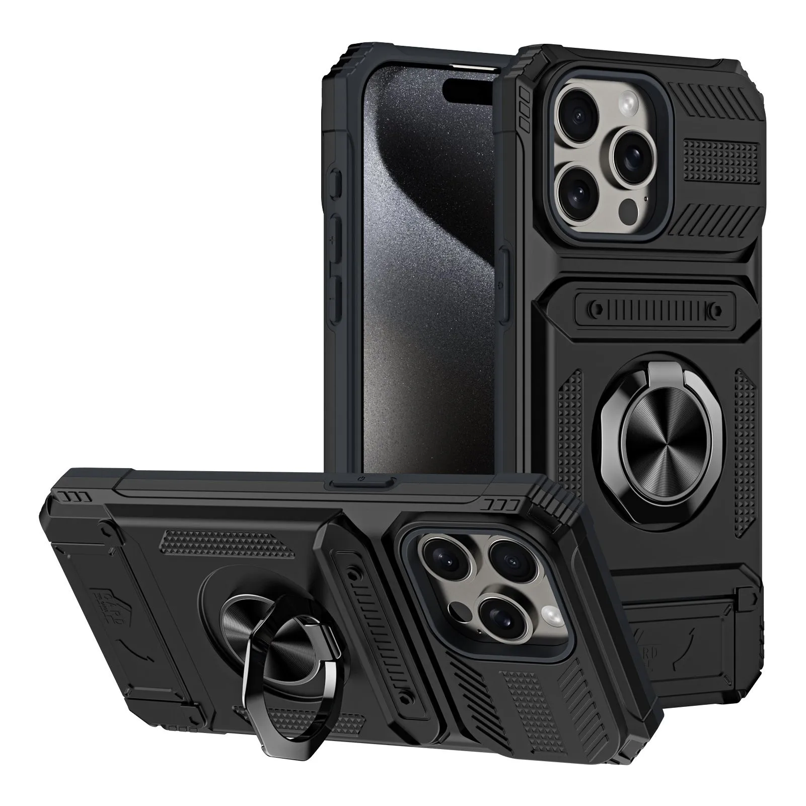 Black TPU PC metal phone case with hidden card slot and magnetic bracket for iPhone 15 Pro Max