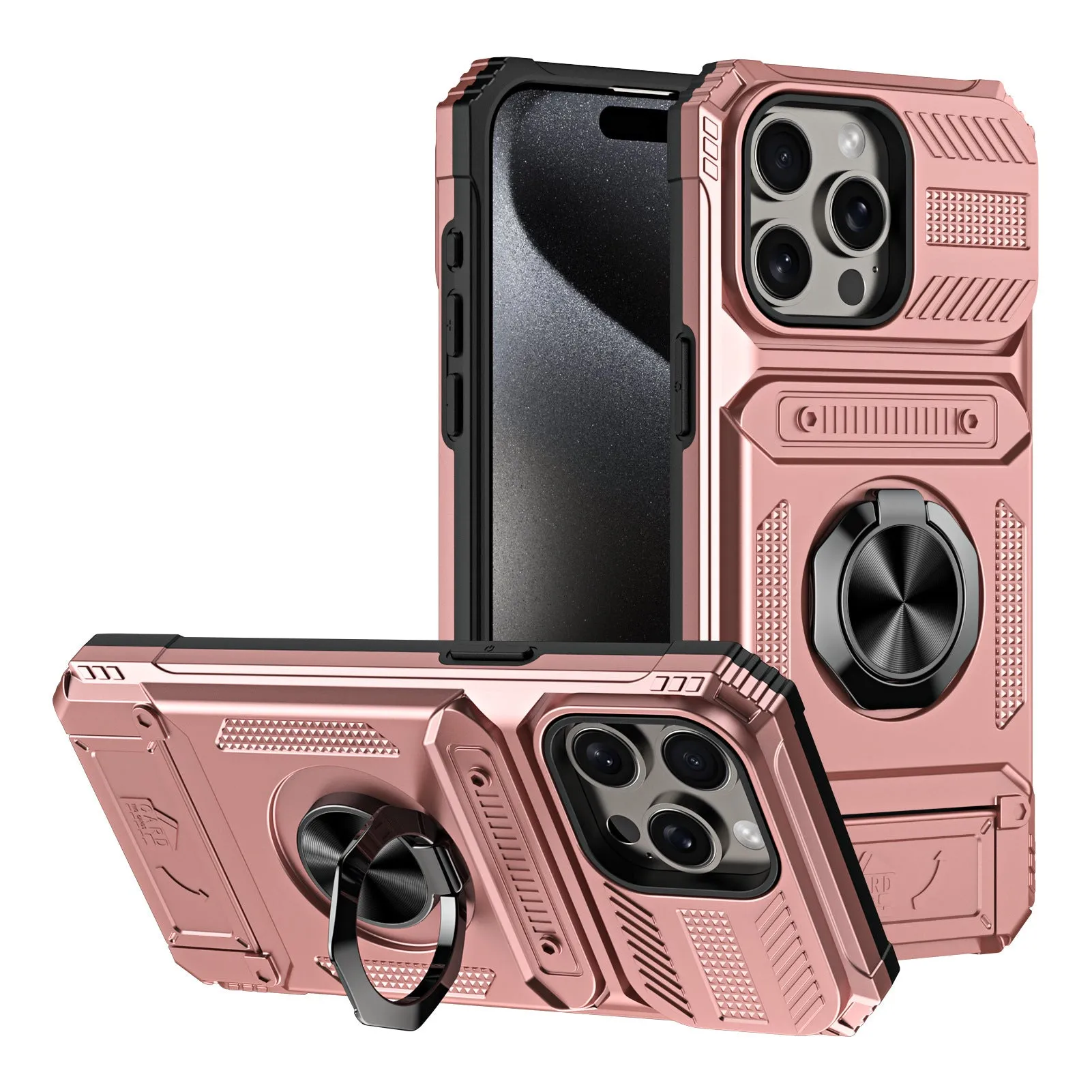 Black TPU PC metal phone case with hidden card slot and magnetic bracket for iPhone 15 Pro Max