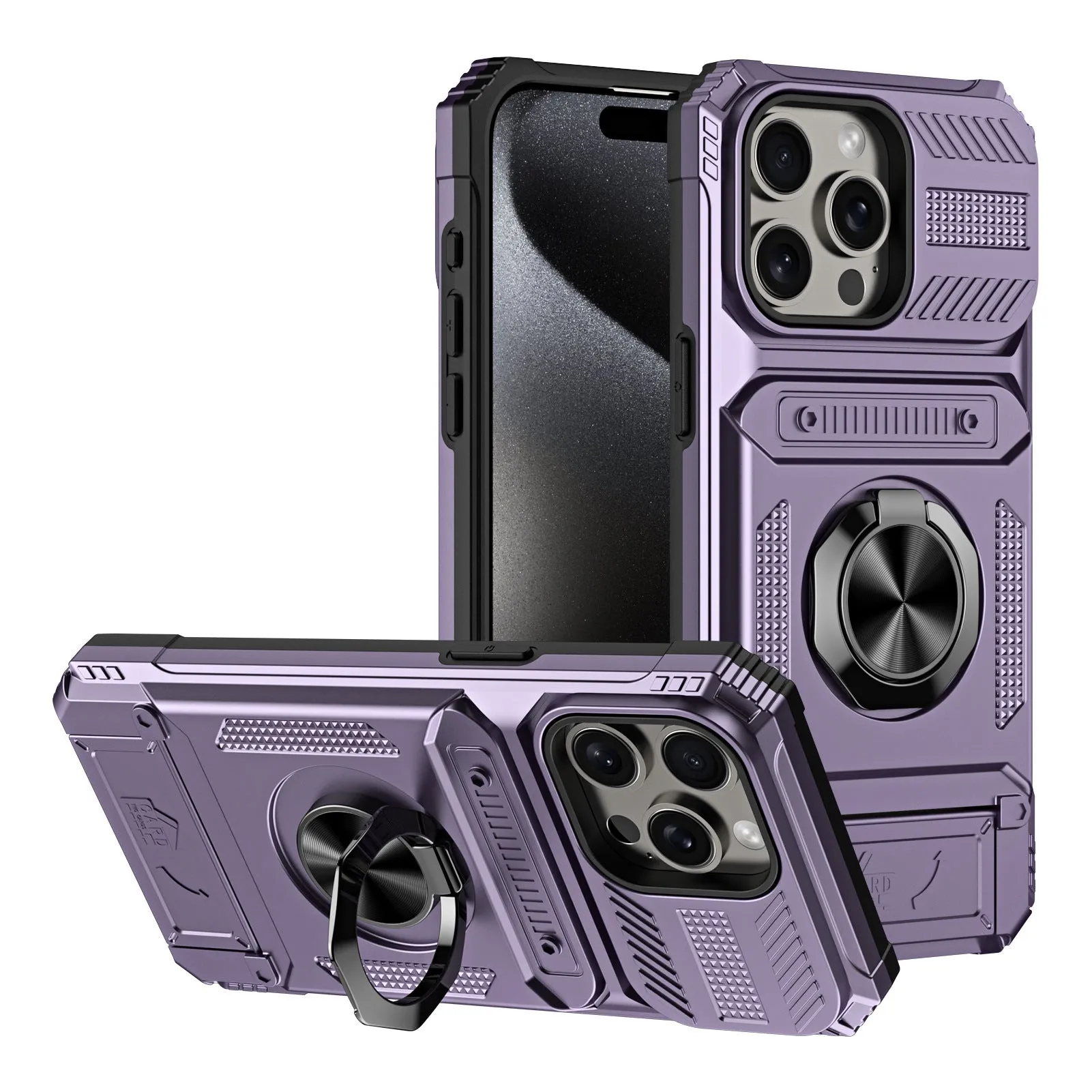 Black TPU PC metal phone case with hidden card slot and magnetic bracket for iPhone 15 Pro Max