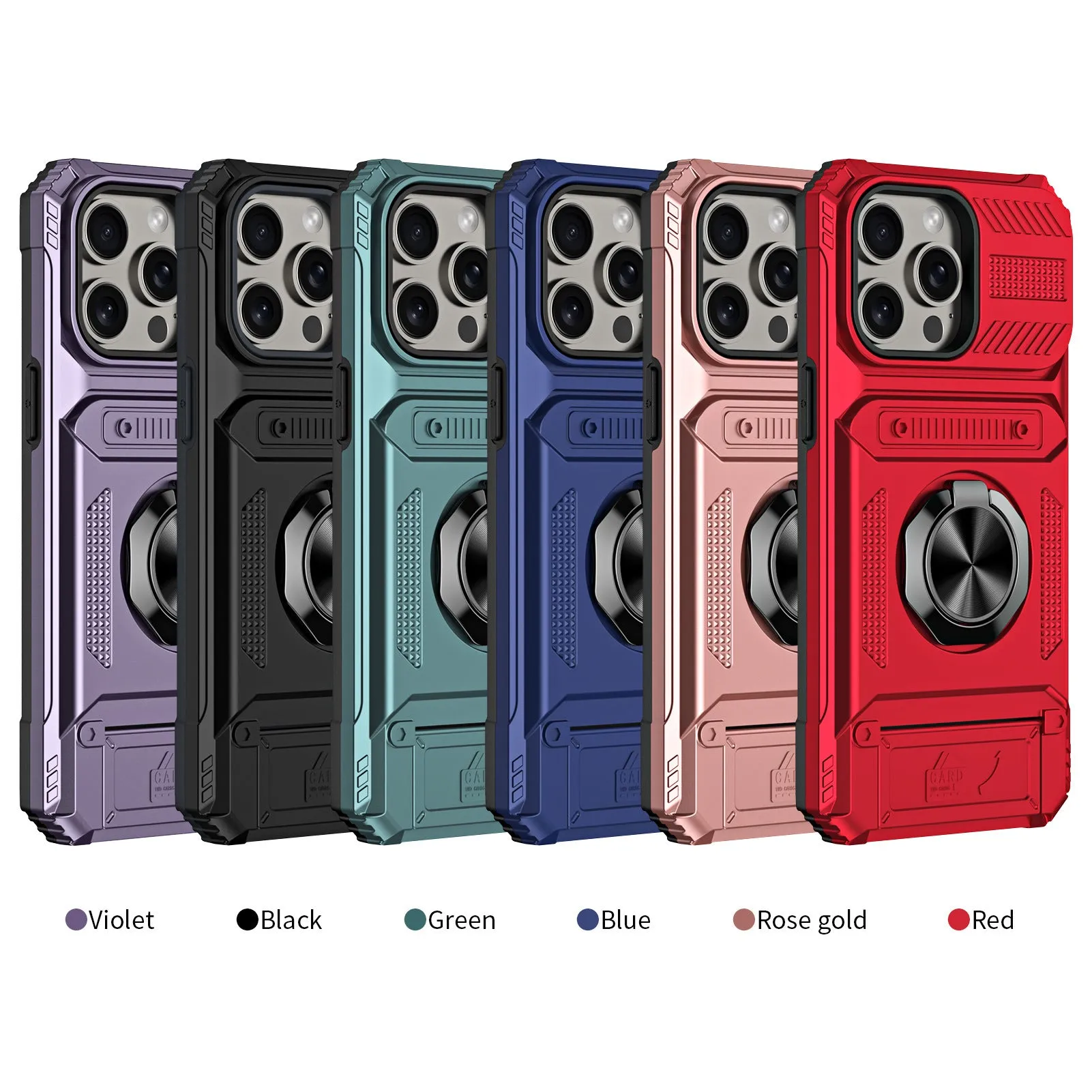 Black TPU PC metal phone case with hidden card slot and magnetic bracket for iPhone 15 Pro Max
