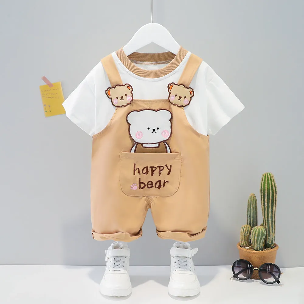 Yellow children's cotton short-sleeved romper with cartoon print and adjustable straps.