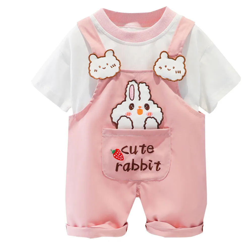 Yellow children's cotton short-sleeved romper with cartoon print and adjustable straps.
