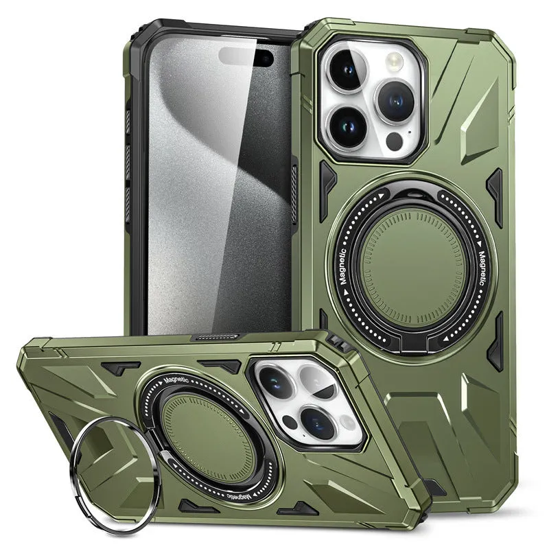 Simple bracket drop-resistant magnetic phone case for iPhone 13-16 series, TPU PC back cover with invisible bracket and magnetic suction, available in black