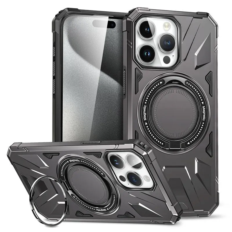 Simple bracket drop-resistant magnetic phone case for iPhone 13-16 series, TPU PC back cover with invisible bracket and magnetic suction, available in black