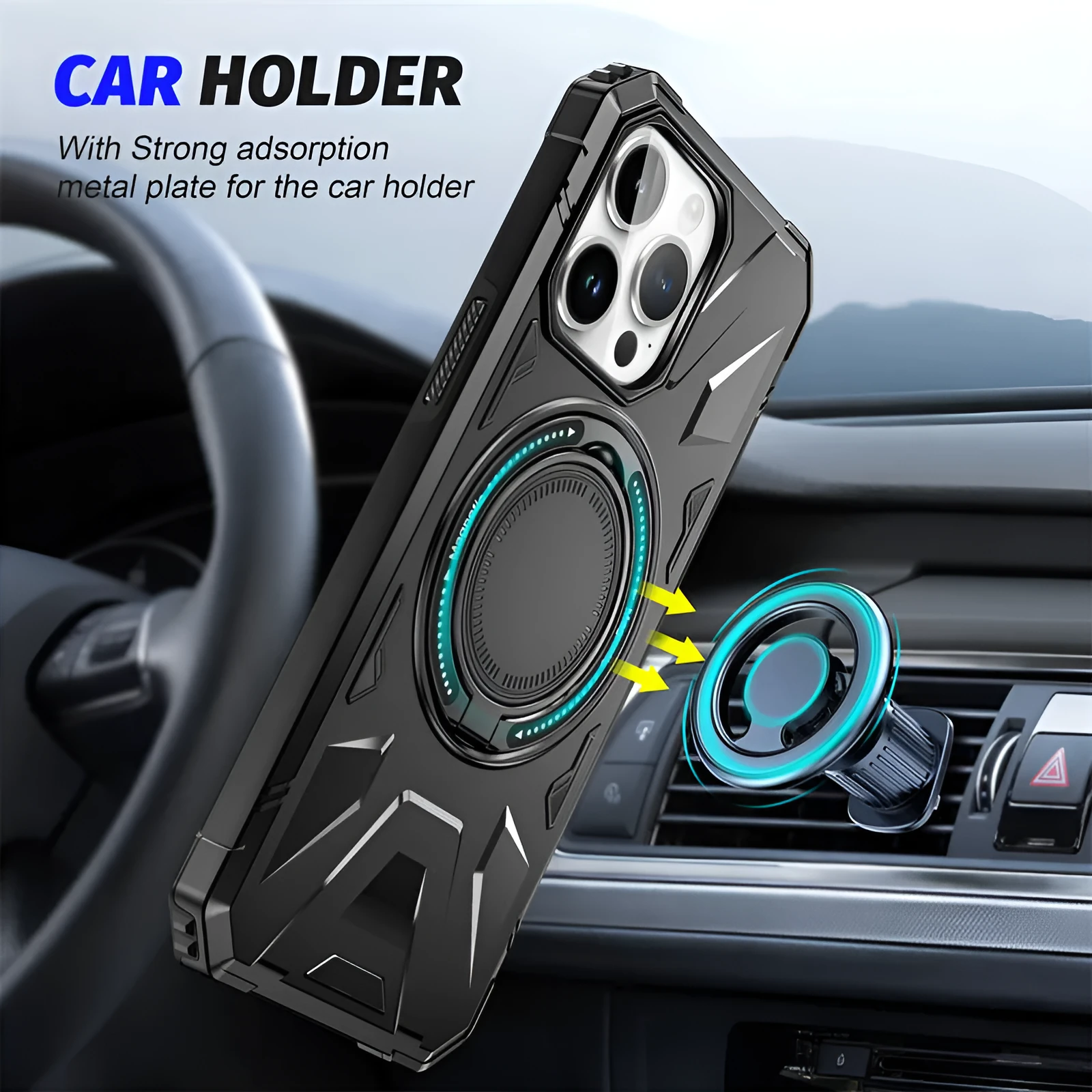Simple bracket drop-resistant magnetic phone case for iPhone 13-16 series, TPU PC back cover with invisible bracket and magnetic suction, available in black