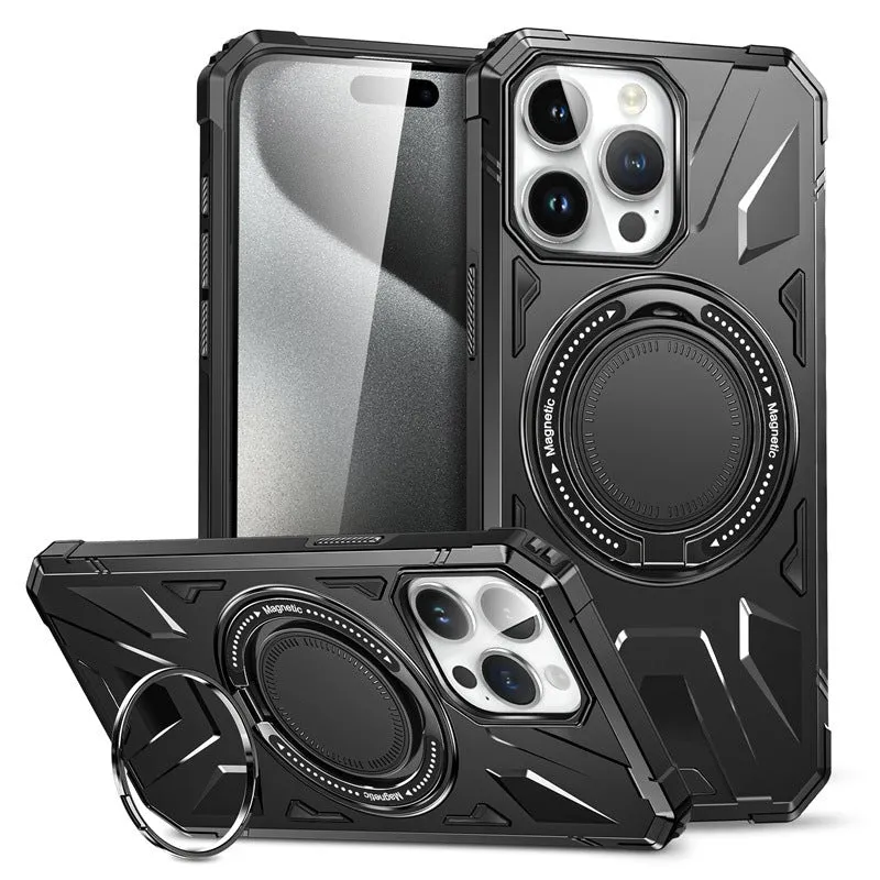 Simple bracket drop-resistant magnetic phone case for iPhone 13-16 series, TPU PC back cover with invisible bracket and magnetic suction, available in black
