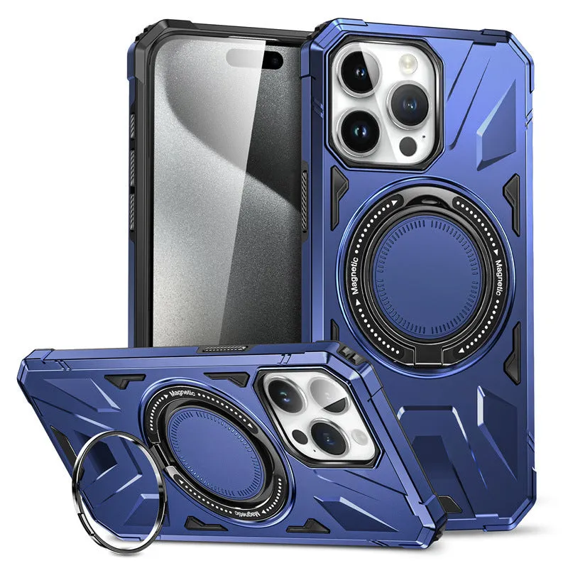 Simple bracket drop-resistant magnetic phone case for iPhone 13-16 series, TPU PC back cover with invisible bracket and magnetic suction, available in black