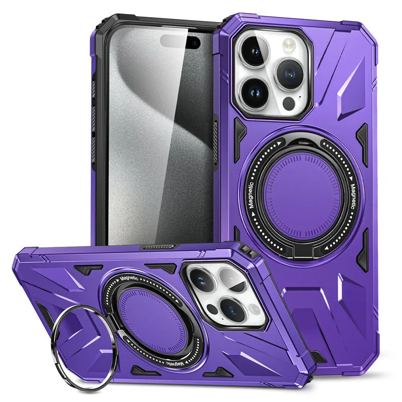 Simple bracket drop-resistant magnetic phone case for iPhone 13-16 series, TPU PC back cover with invisible bracket and magnetic suction, available in black
