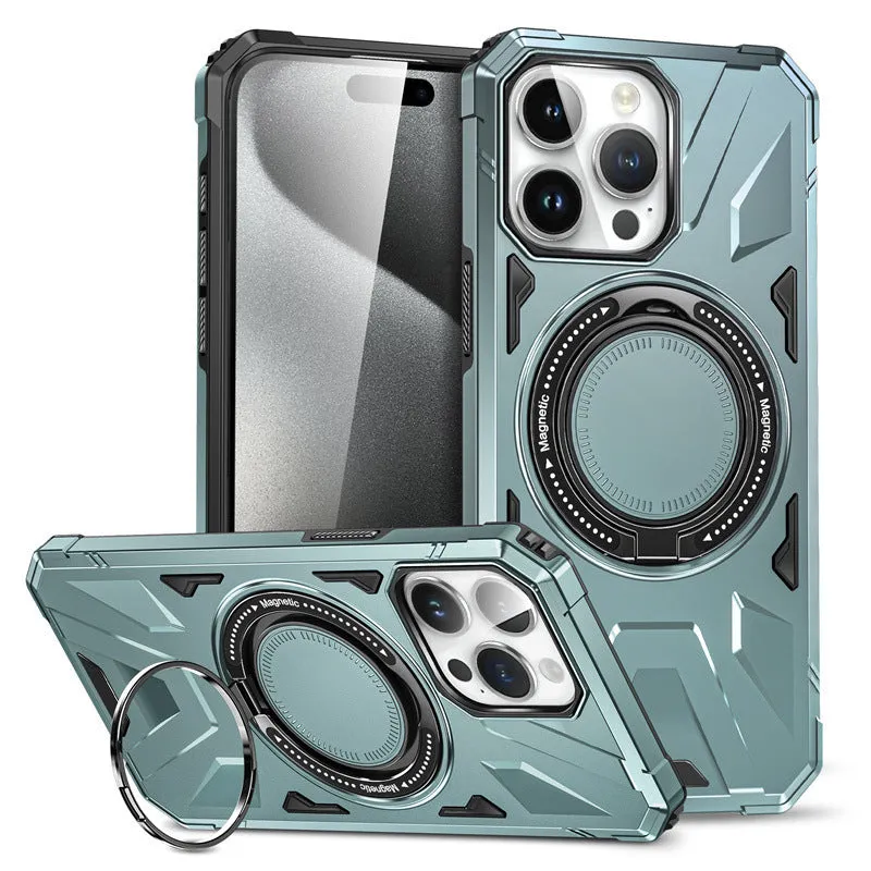 Simple bracket drop-resistant magnetic phone case for iPhone 13-16 series, TPU PC back cover with invisible bracket and magnetic suction, available in black