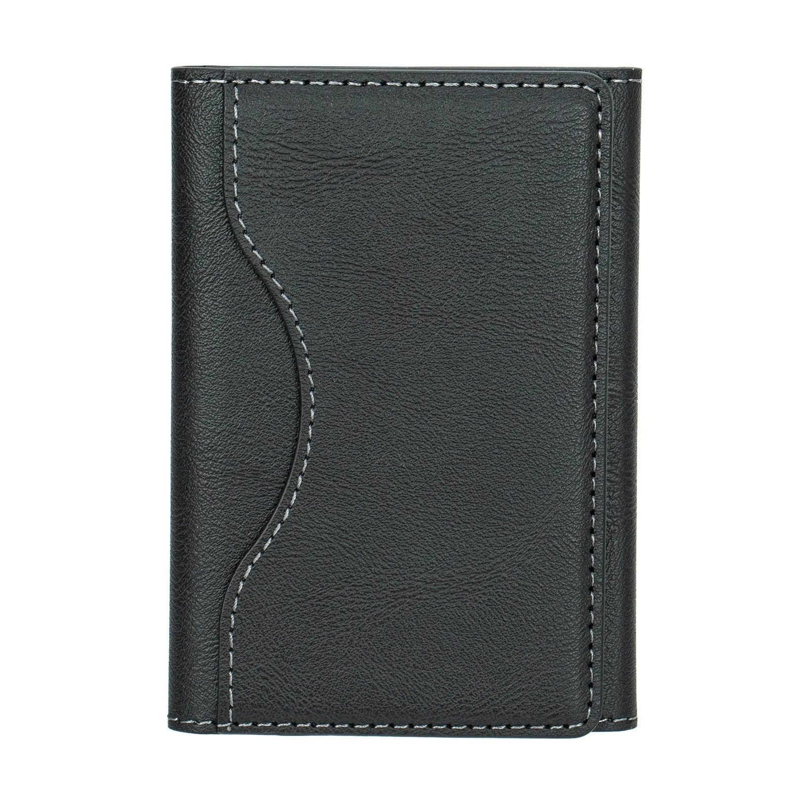 Leather tri-fold magnetic wallet card holder in black with embossed texture