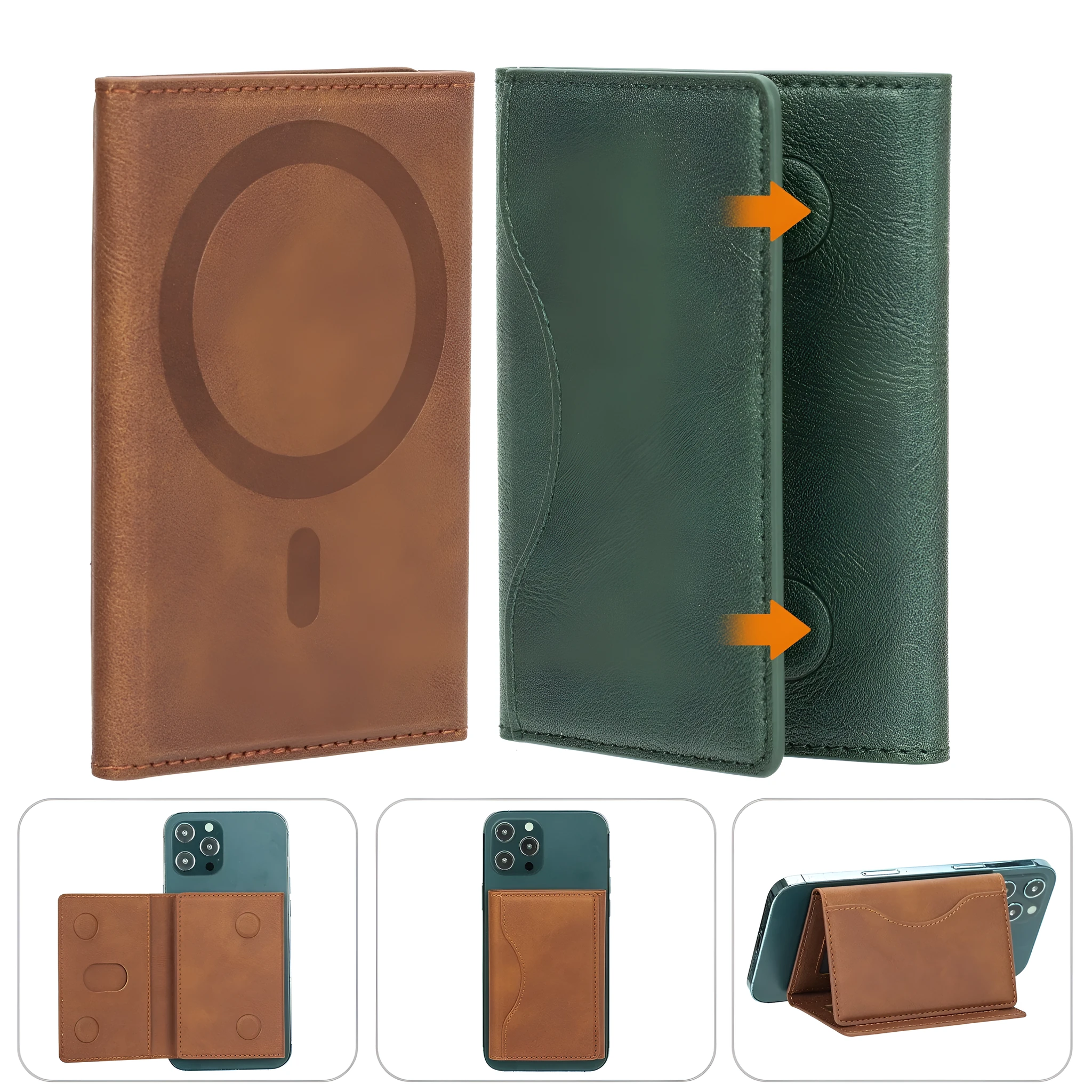 Leather tri-fold magnetic wallet card holder in black with embossed texture