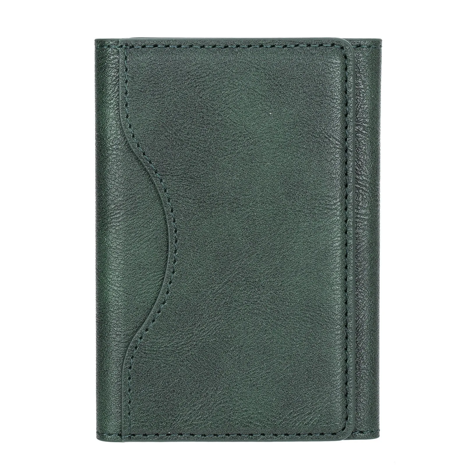 Leather tri-fold magnetic wallet card holder in black with embossed texture