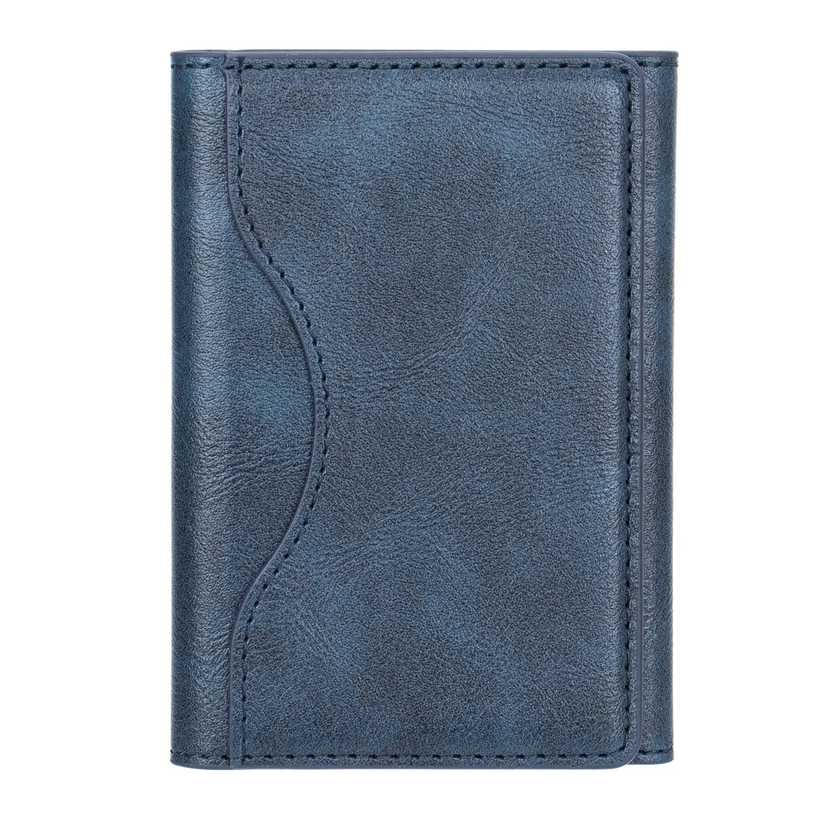 Leather tri-fold magnetic wallet card holder in black with embossed texture