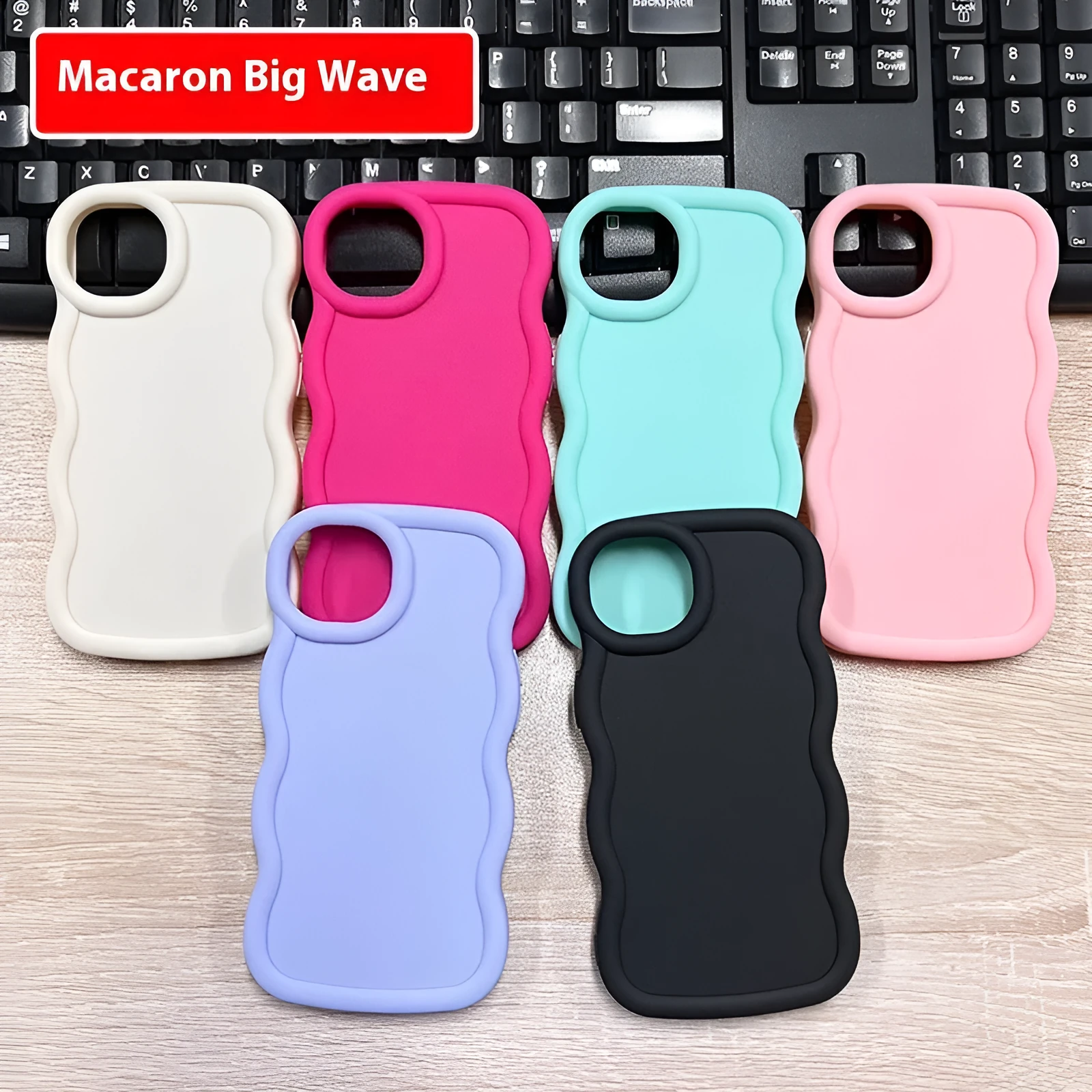 Macaron big wave silicone phone case for iPhone 16 Pro in light pink with soft frosted finish