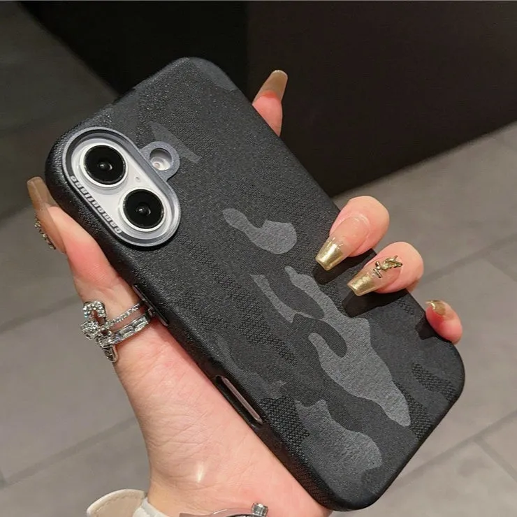 Camouflage leather mobile phone protective cover with magnetic suction and shockproof for iPhone 15 Pro Max