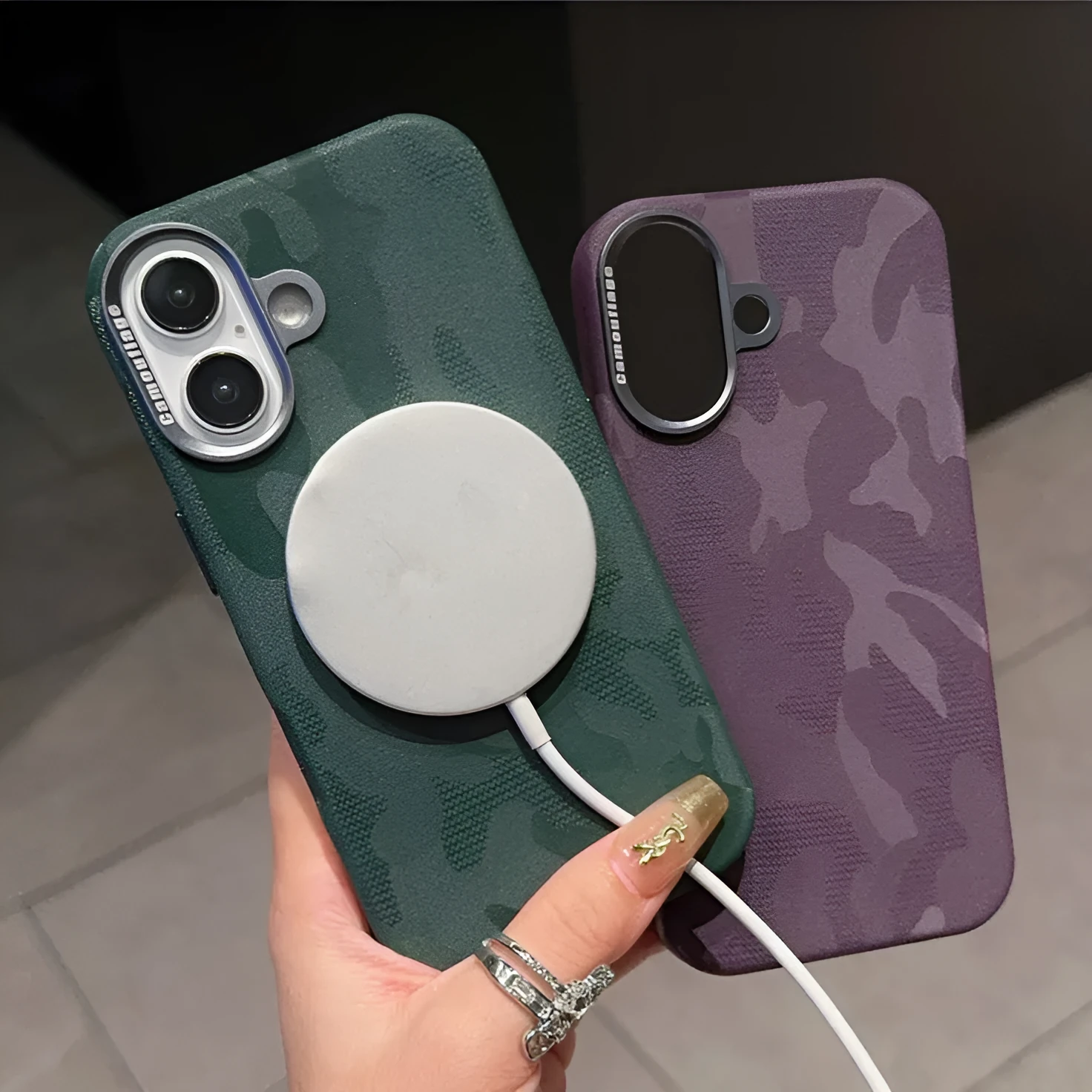 Camouflage leather mobile phone protective cover with magnetic suction and shockproof for iPhone 15 Pro Max