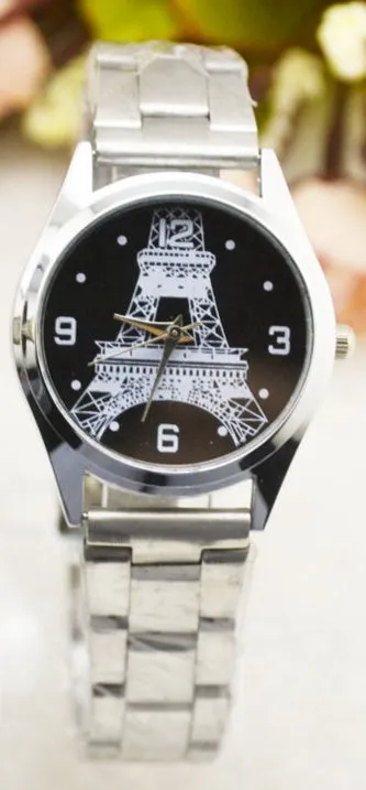 Eiffel Tower wrist watch with stainless steel case and black leather strap