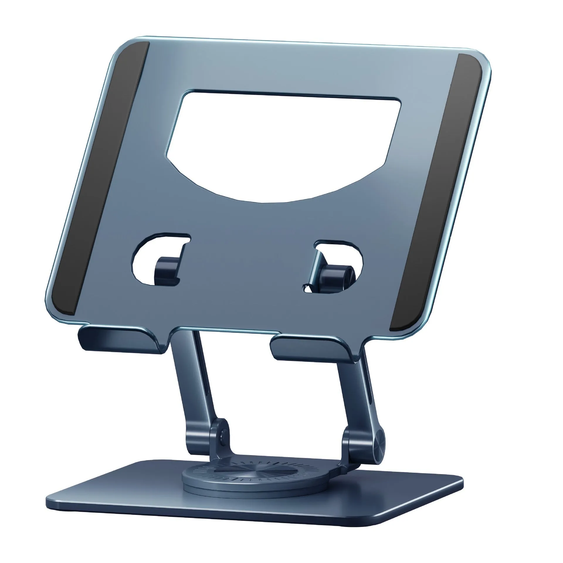 360-degree rotating aluminium alloy desktop folding tablet bracket, P2028, black colour, folded flat view