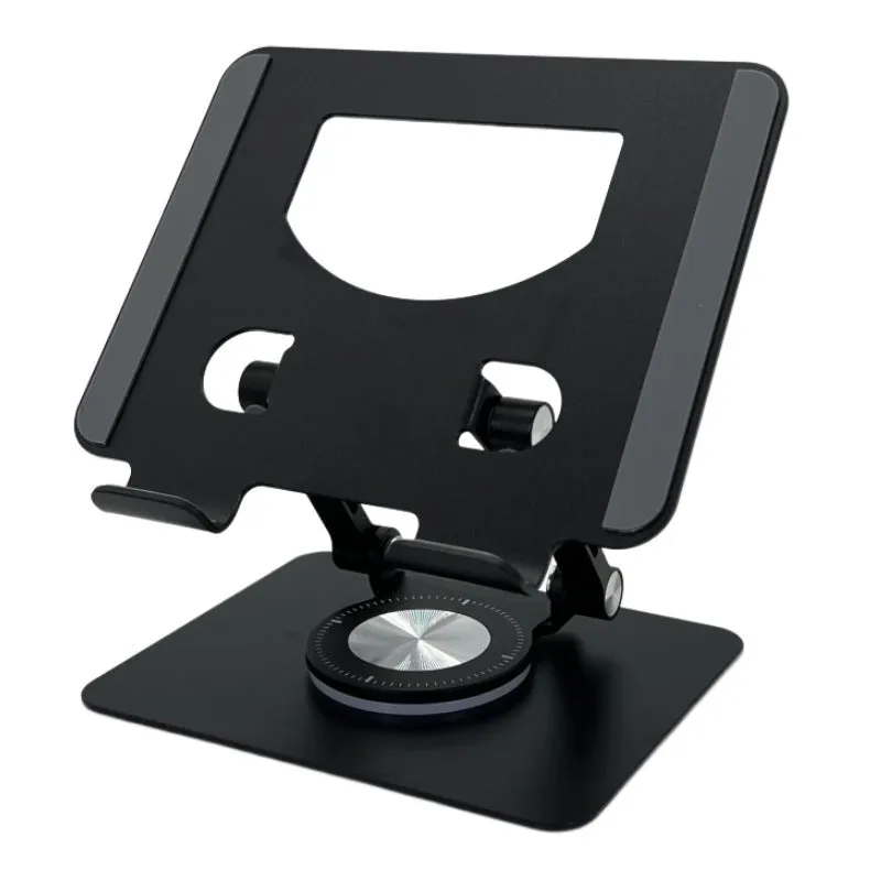 360-degree rotating aluminium alloy desktop folding tablet bracket, P2028, black colour, folded flat view