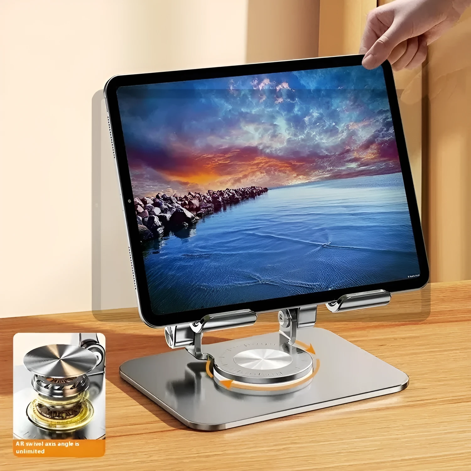 360-degree rotating aluminium alloy desktop folding tablet bracket, P2028, black colour, folded flat view