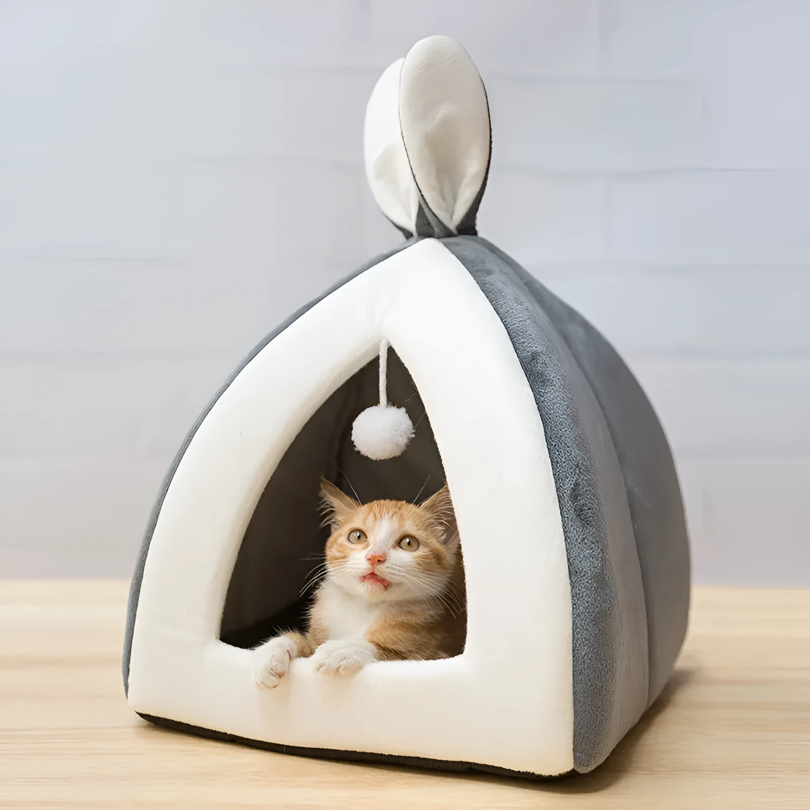 Grey cloth cat house shown in size L, suitable for cats or small dogs.