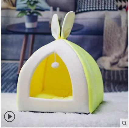 Grey cloth cat house shown in size L, suitable for cats or small dogs.