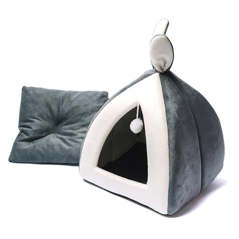 Grey cloth cat house shown in size L, suitable for cats or small dogs.