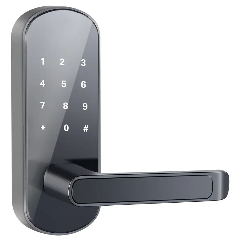 Black smart Bluetooth fingerprint door lock with keypad, mounted on a wooden door.