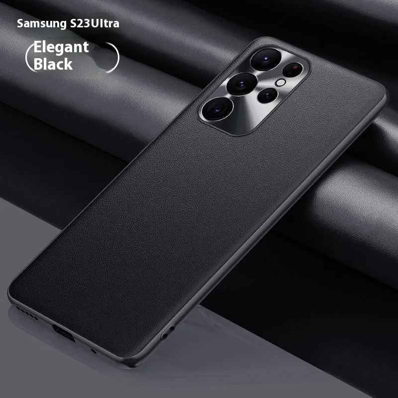Leather pattern TPU phone case with metal lens ring for Samsung in Athens Black colour