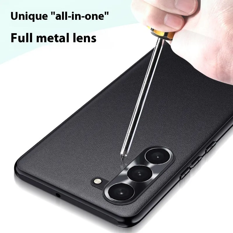 Leather pattern TPU phone case with metal lens ring for Samsung in Athens Black colour