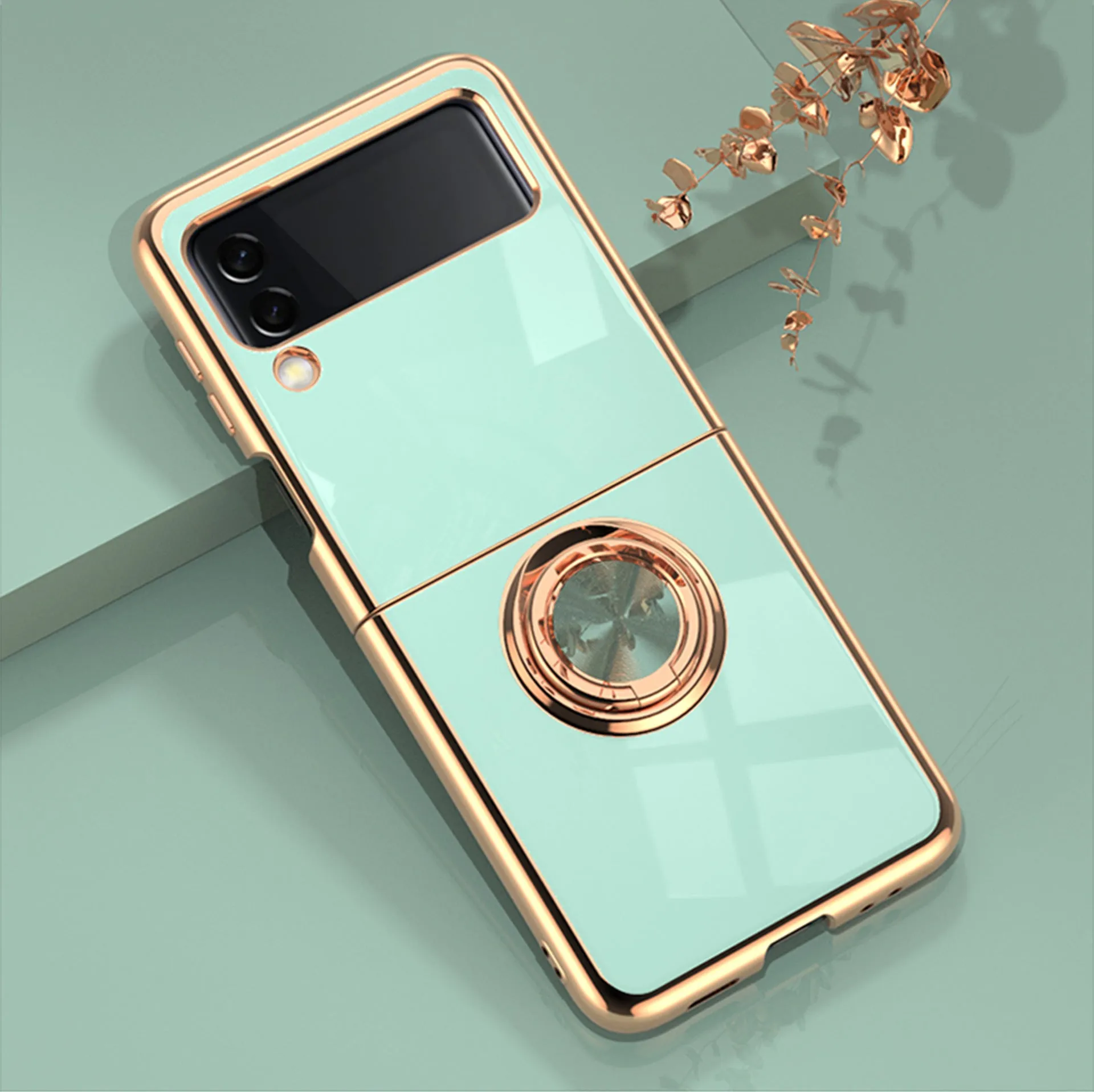 Samsung Z Flip Dark Night Green phone case with electroplated magnetic ring and bracket stand