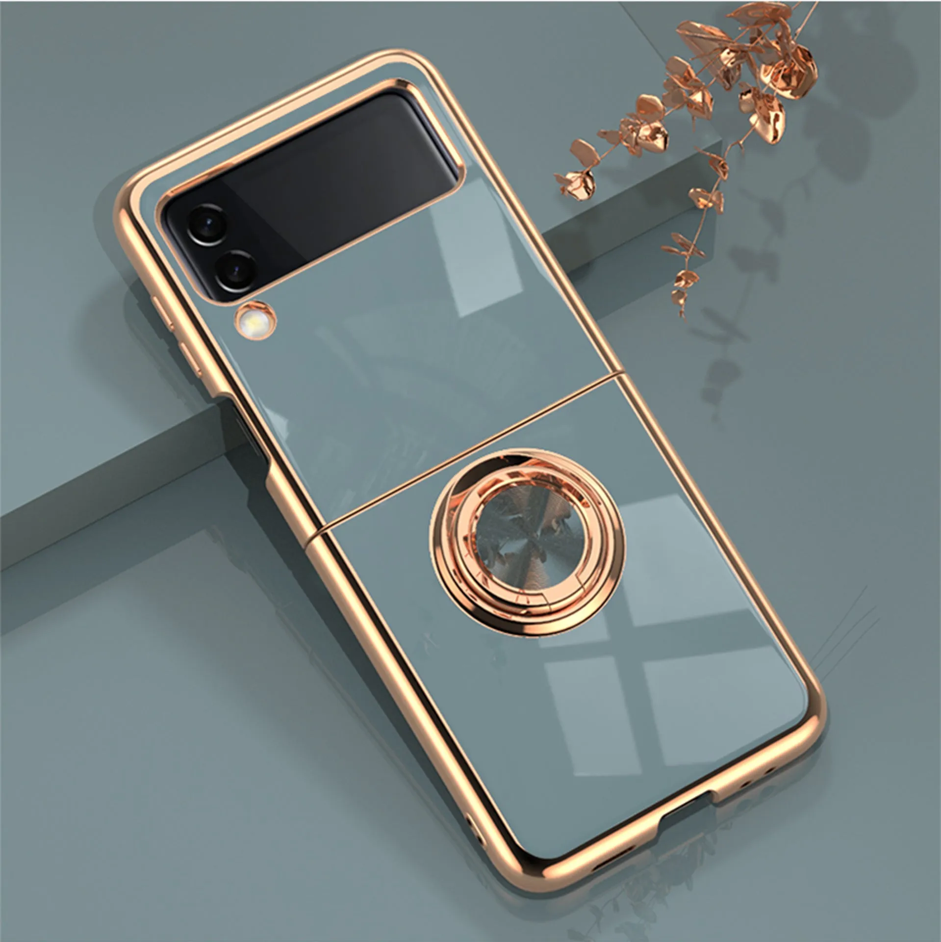 Samsung Z Flip Dark Night Green phone case with electroplated magnetic ring and bracket stand