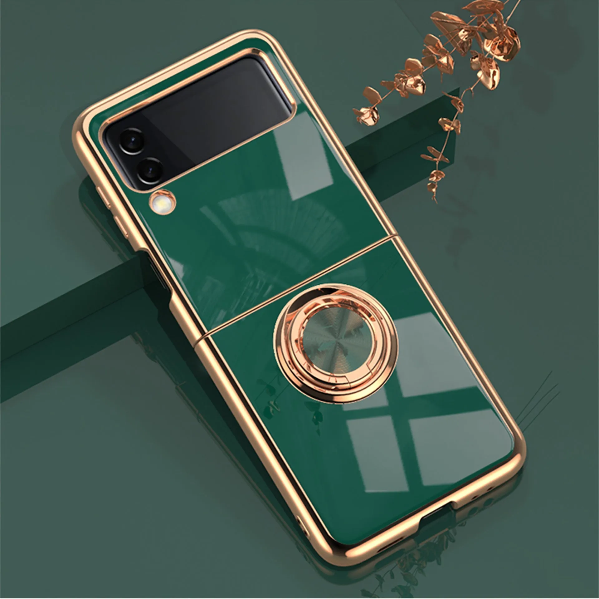 Samsung Z Flip Dark Night Green phone case with electroplated magnetic ring and bracket stand