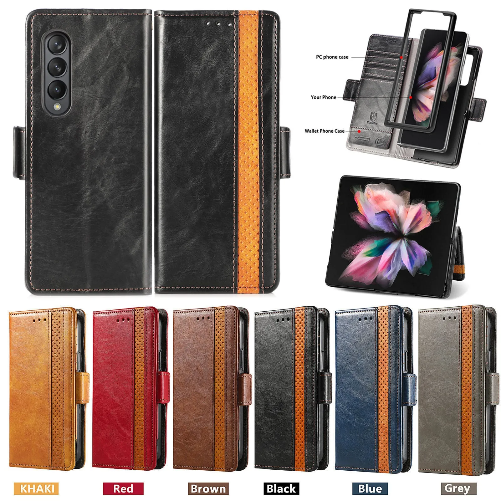 Samsung Galaxy Z Fold4 5G TPU leather phone case with bracket and card holder in multiple colours