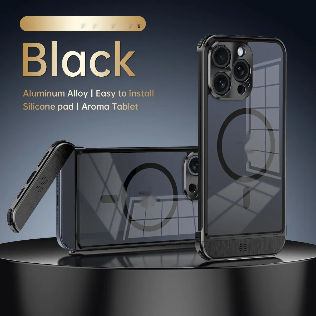 Apple phone case half pack with aluminium alloy frame and magnetic bracket, black colour option, for iPhone 15 Pro