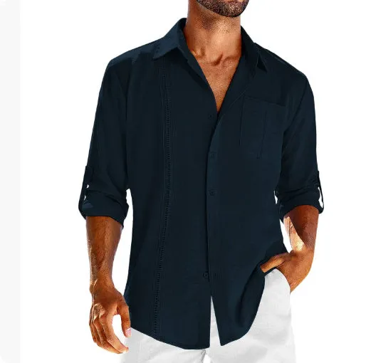 Men's grey casual long sleeve button-up shirt with polo collar and lace-trimmed chest pocket.