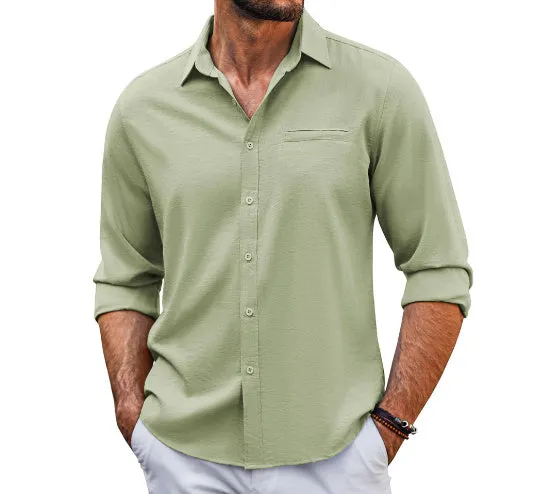 Men's grey casual long sleeve button-up shirt with polo collar and lace-trimmed chest pocket.