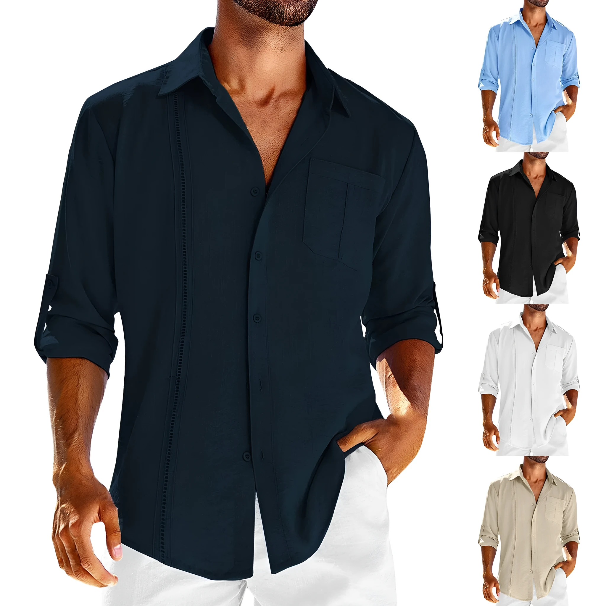 Men's grey casual long sleeve button-up shirt with polo collar and lace-trimmed chest pocket.